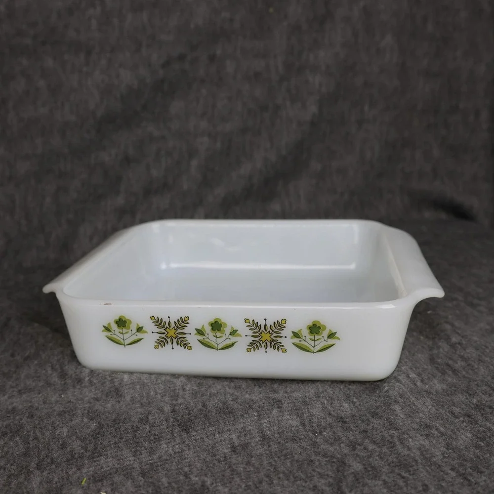 Vintage Fire-King White Glass Baking Dish 8x8 Green Floral Square USA Ovenware